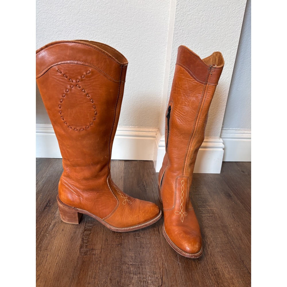Vintage 70s Dingo Acme knee High Boots Tan Leather Block Heel orange brown
